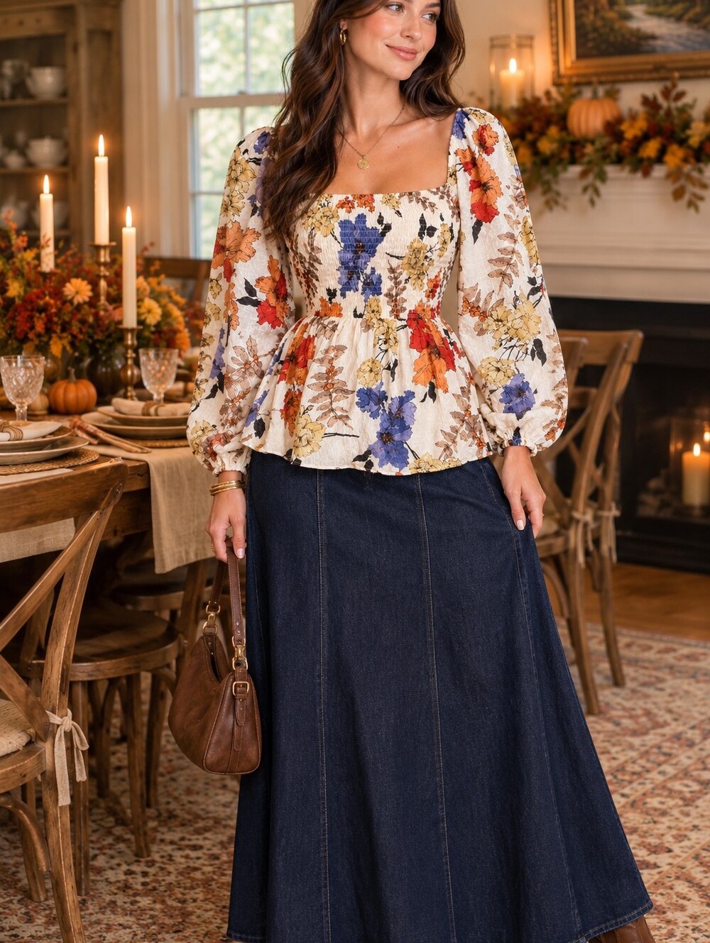 Hayden LA Floral Bobo Smocked Puff Sleeve Peplum Blouse Fall Color SZ: Small - Picture 5 of 12